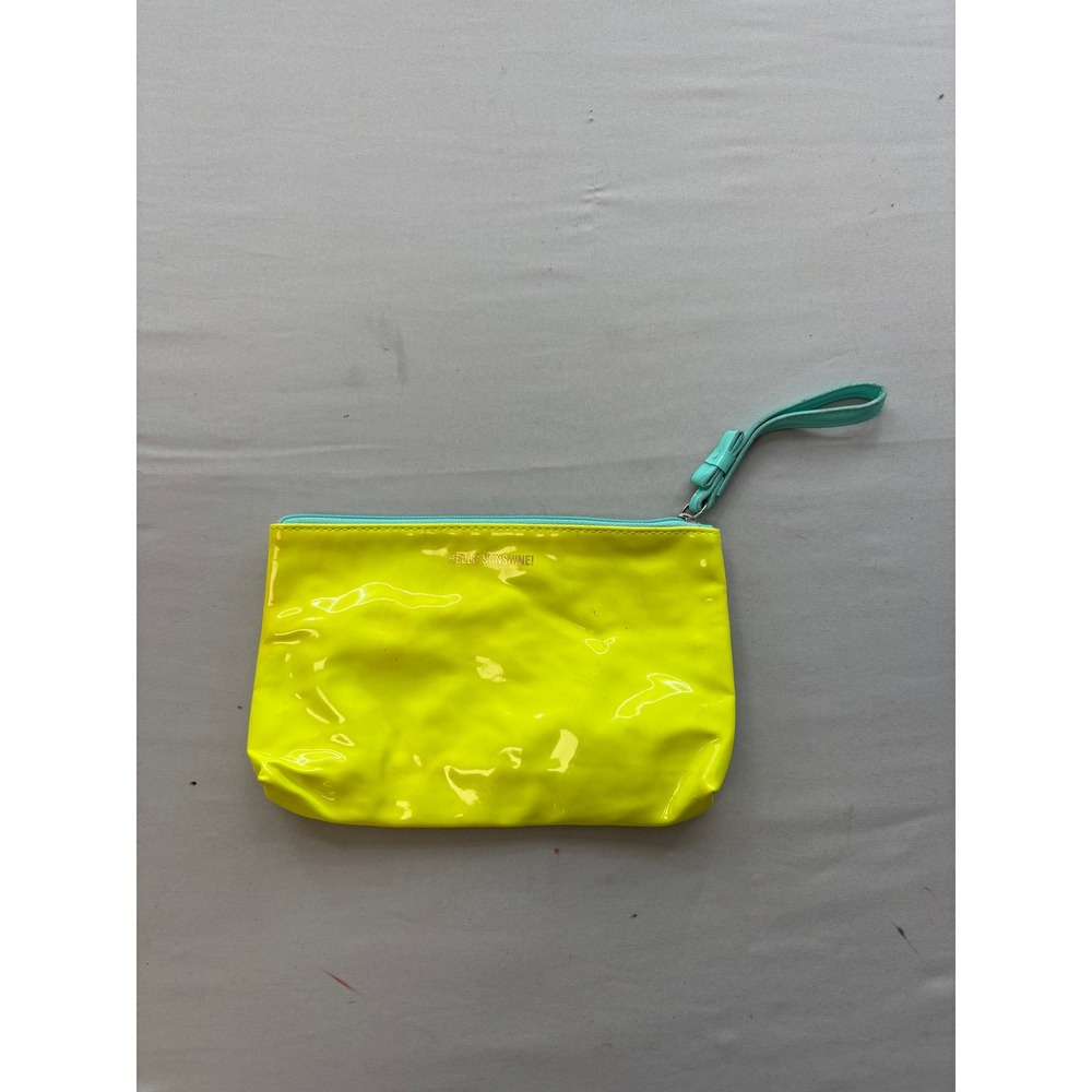 Neon Yellow Hello Sunshine Patent Wristlet Pouch with Turquoise Bow Detail